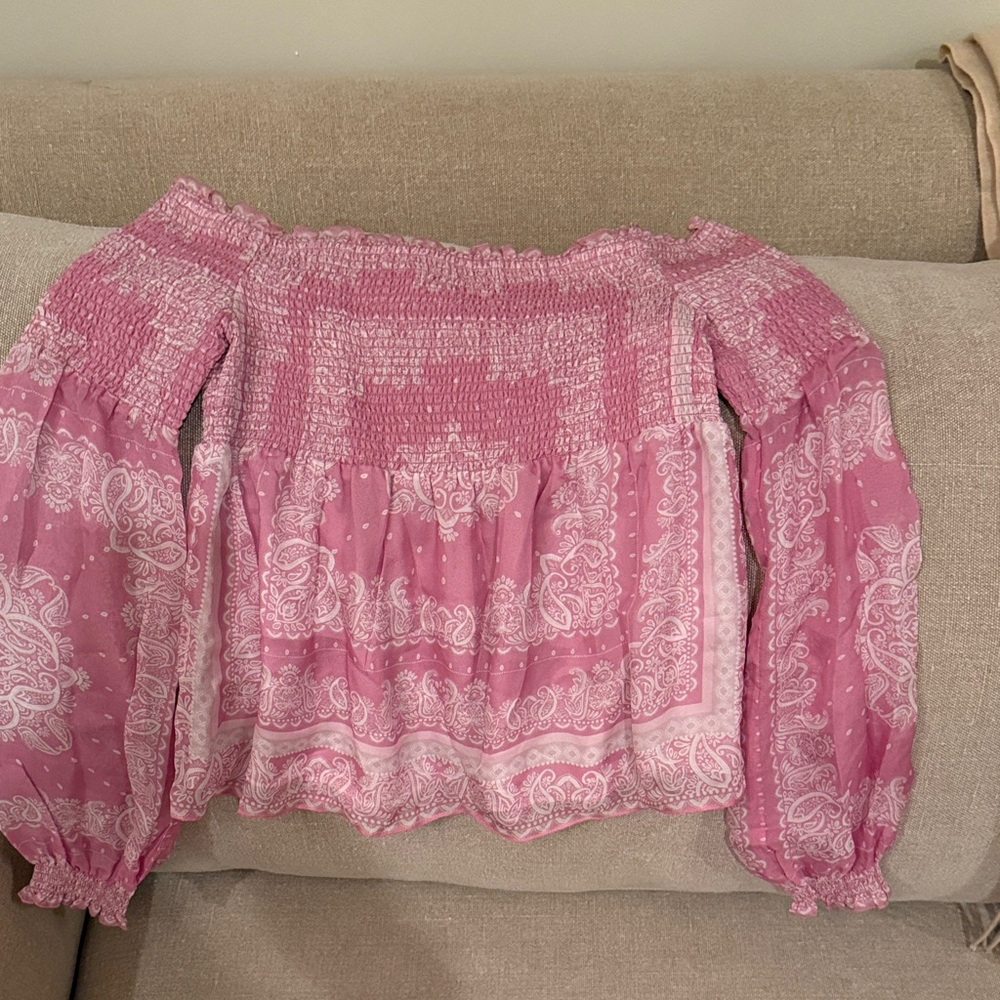 INTERMIX Pink Paisley Off-Shoulder Blouse